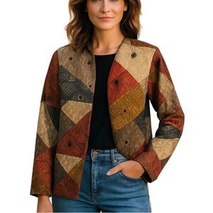 Parsley & Sage Autumn Fall Boho Patchwork Embroidered Open Front Jacket Medium